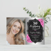 銀エレガント黒ピンク写真50誕生日 招待状 (スタンド正面)