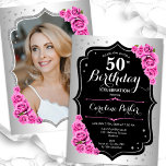 銀エレガント黒ピンク写真50誕生日 招待状<br><div class="desc">エレガントフローラ50歳の誕生日の招待状とカードの後ろの写真。グラムデザインフェイク銀。ピンクのバラ、スクリプトのフォント、紙吹雪が特徴。大人スタイリッシュのお祝いパーティーに最適。独自の詳細でパーソナライズどんなカスタマイズ年でもいい！印刷されたZazzle招待状または即時ダウンロードのデジタル印刷可能なテンプレート。</div>