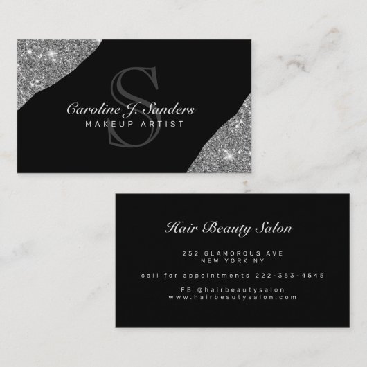 銀エレガント黒一文字メイクアーティスト 名刺 (正面/裏面)