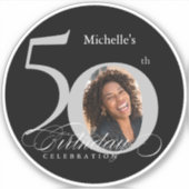 銀エレガント黒写真第50誕生日 シール (正面)