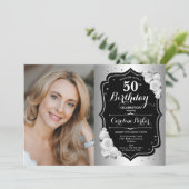 銀エレガント黒写真第50誕生日 招待状 (スタンド正面)