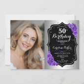 銀エレガント黒紫色フォト50誕生日 招待状 (正面)