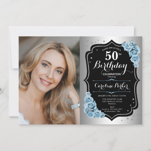 銀エレガント黒青写真50誕生日 招待状 (正面)