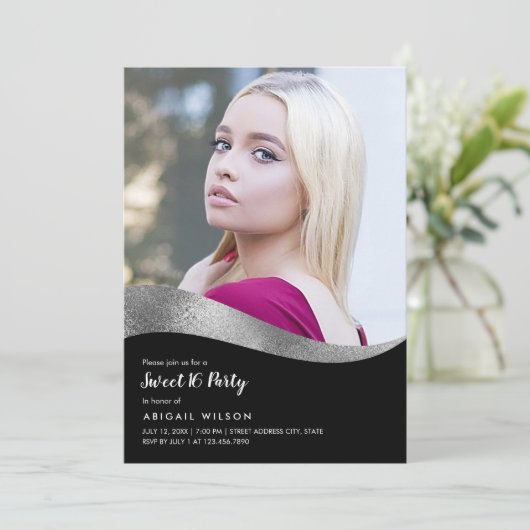 銀エレガント黒sweet sixteen誕生会 招待状 (スタンド正面)