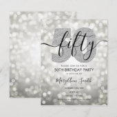 銀エレガント50モダン歳の誕生日パーティー 招待状 (正面/裏面)