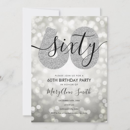 銀エレガント60モダン歳の誕生日パーティー 招待状 (正面)