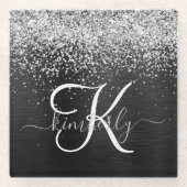 銀カスタムグリッターブラックスパークルモノグラム ガラスコースター (正面)