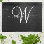 銀カスタムグリッターブラックスパークルモノグラム キッチンタオル (折り畳み)