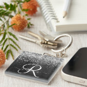 銀カスタムグリッターブラックスパークルモノグラム キーホルダー (正面右)