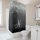 銀カスタムグリッターブラックスパークルモノグラム シャワーカーテン (インサイチュ)