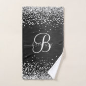 銀カスタムグリッターブラックスパークルモノグラム バスタオルセット (ハンドタオル)