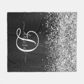 銀カスタムグリッターブラックスパークルモノグラム フリースブランケット (正面(横))