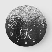 銀カスタムグリッターブラックスパークルモノグラム ラウンド壁時計 (正面)