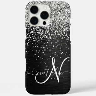 銀カスタムグリッターブラックスパークルモノグラム iPhone 16 PRO MAXケース