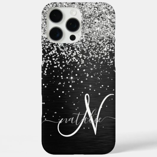 銀カスタムグリッターブラックスパークルモノグラム Case-Mate iPhoneケース (裏面)