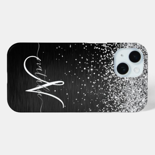 銀カスタムグリッターブラックスパークルモノグラム Case-Mate iPhoneケース (裏面 (横))