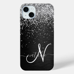 銀カスタムグリッターブラックスパークルモノグラム iPhone 15 MINIケース