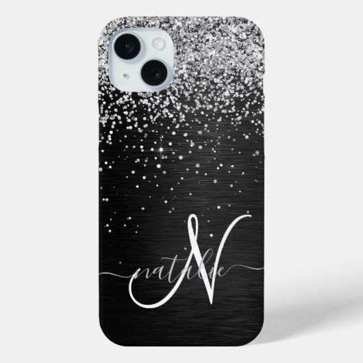 銀カスタムグリッターブラックスパークルモノグラム Case-Mate iPhoneケース (裏面)