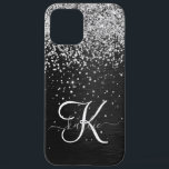 銀カスタムグリッターブラックスパークルモノグラム iPhone 12 PRO MAXケース<br><div class="desc">ブラックのブラシ付きエレガントメタリック背景に銀のグリッターを搭載したかわいらしトレンディーの電話ケーきらめくスのデザインを簡単にパーソナライズ。</div>