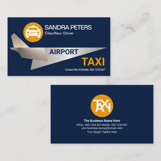 銀カッコいいジェット飛行機空港タクシー運転手 名刺 (正面/裏面)