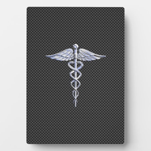 銀カドゥセウス医療シンボル炭素繊維スタイル フォトプラーク (正面)