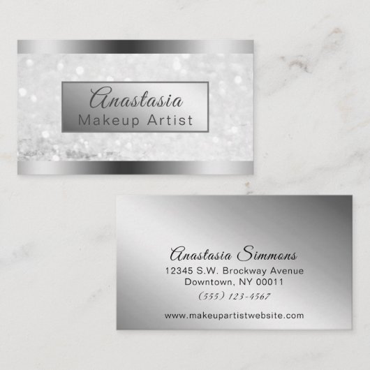 銀ガーリーきらめく箔グリッター 名刺 (正面/裏面)