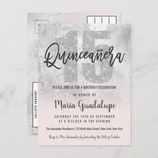 銀ガーリーピグランジンクグリッターフォイルキンセアニラ インビテーションポストカード (正面/裏面)