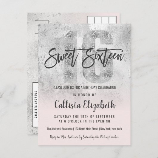 銀ガーリーピグランジンクグリッターフォイルスウィート16 インビテーションポストカード (正面/裏面)