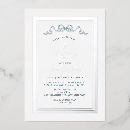 銀ギリシャ語枠ほこりっぽいブルーボウバプテスマ 箔招待状