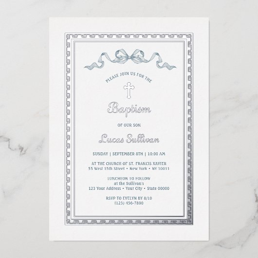 銀ギリシャ語枠ほこりっぽいブルーボウバプテスマ 箔招待状 (正面)