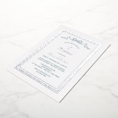 銀ギリシャ語枠ほこりっぽいブルーボウバプテスマ 箔招待状 (回転した状態)