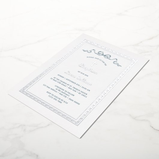 銀ギリシャ語枠ほこりっぽいブルーボウバプテスマ 箔招待状 (回転した状態)