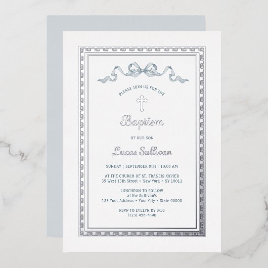 銀ギリシャ語枠ほこりっぽいブルーボウバプテスマ 箔招待状 (正面/裏面)
