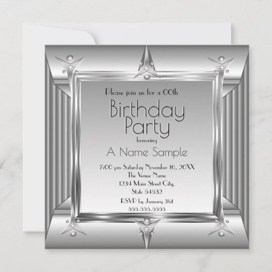 銀クロムメタルフェイクルックバースデーパーティーsq 招待状 (正面)