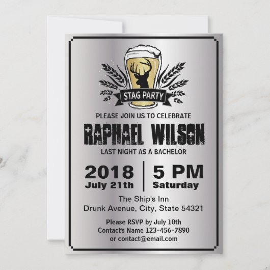 銀クールビール麦樽バチュラーパーティカード 招待状 (正面)