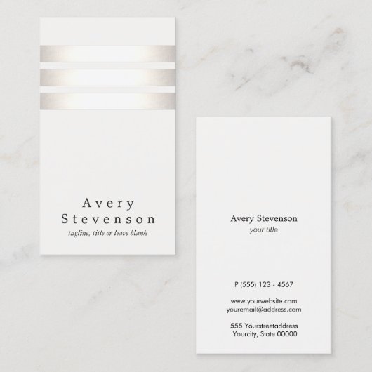 銀クールフェイク箔と白ストライプのモダン 名刺 (正面/裏面)