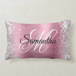 銀グリッターかわいらしピンクフォイルモノグラム ランバークッション