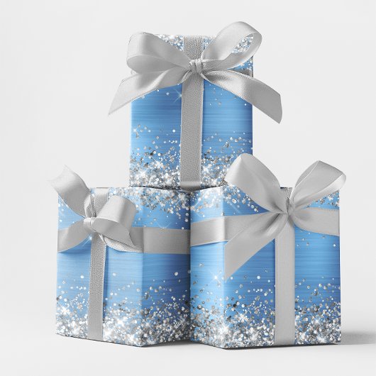 銀グリッターとライトブルーグラデーションフォイル ラッピングペーパーシート