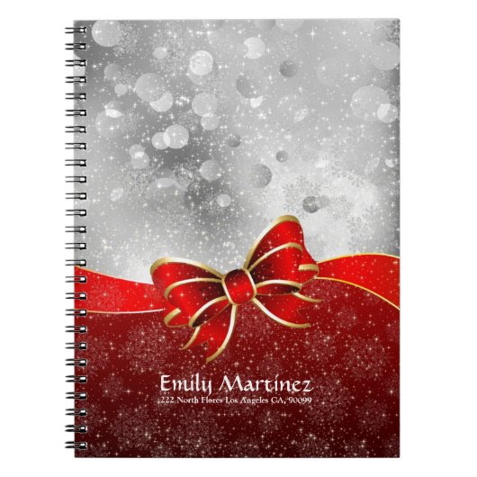 銀グリッターと赤クリスマススススススパークルスボウ ノートブック (正面)