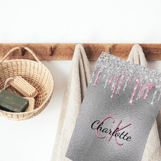 銀グリッターは金属ピンクカスタムのモノグラムを乾燥 ゴルフタオル