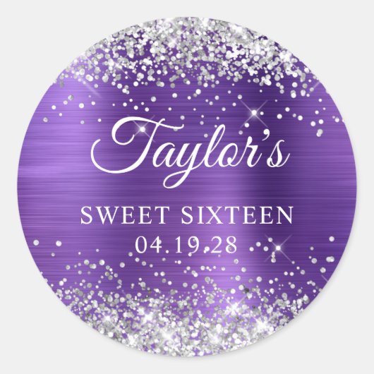 銀グリッターアメジストパープルフォイルSweet sixteen ラウンドシール (正面)