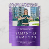 銀グリッターアメジストフォイル写真卒業 案内状 (正面/裏面)