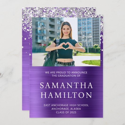 銀グリッターアメジストフォイル写真卒業 案内状 (正面/裏面)
