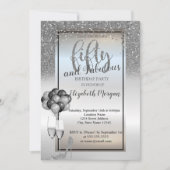 銀グリッターガラス、バルーン50th誕生日パーティー 招待状 (正面)