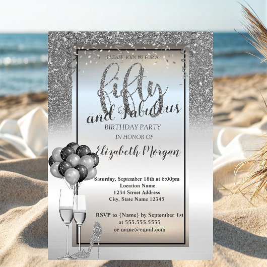 銀グリッターガラス、バルーン50th誕生日パーティー 招待状