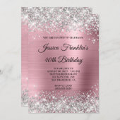 銀グリッターガーリーピンクフォイル40歳の誕生日 招待状 (正面/裏面)