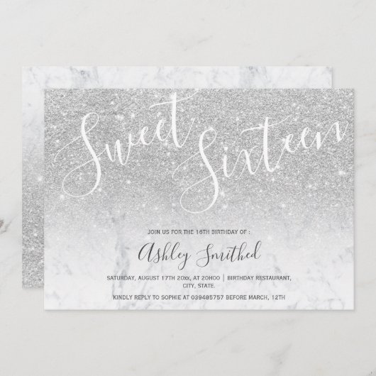 銀グリッターグラデーション大理石sweet sixteen 招待状 (正面/裏面)