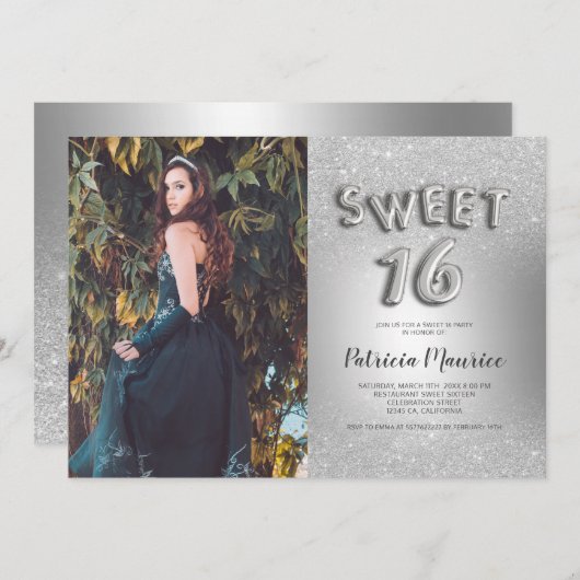 銀グリッターグラデーション文字photo foil sweet 16 招待状 (正面/裏面)