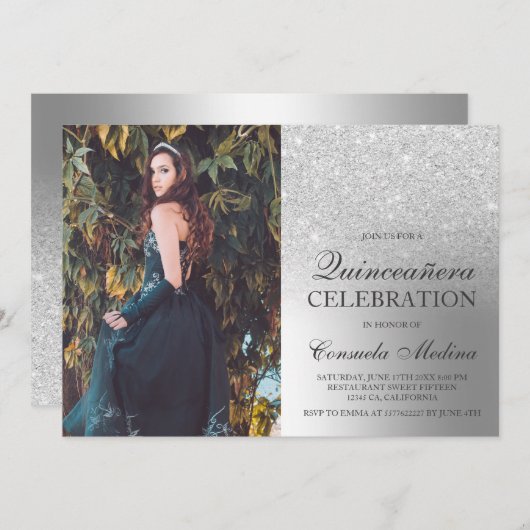 銀グリッターグラデーション金属写真キンチェニェラ 招待状 (正面/裏面)