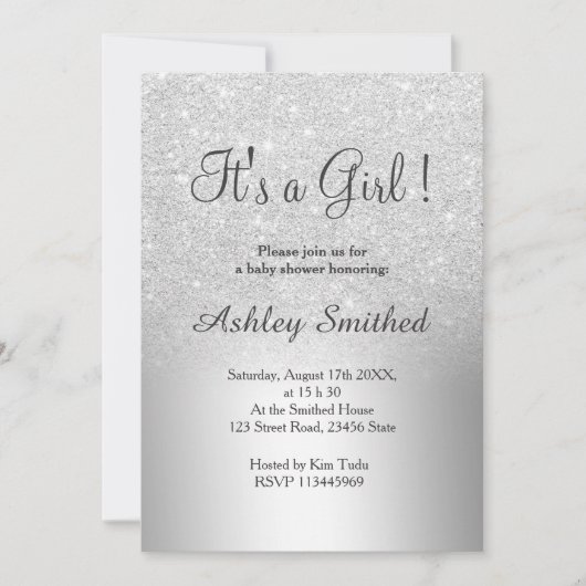 銀グリッターグラデーション金属性の女の子の赤ちゃんシャワー 招待状 (正面)